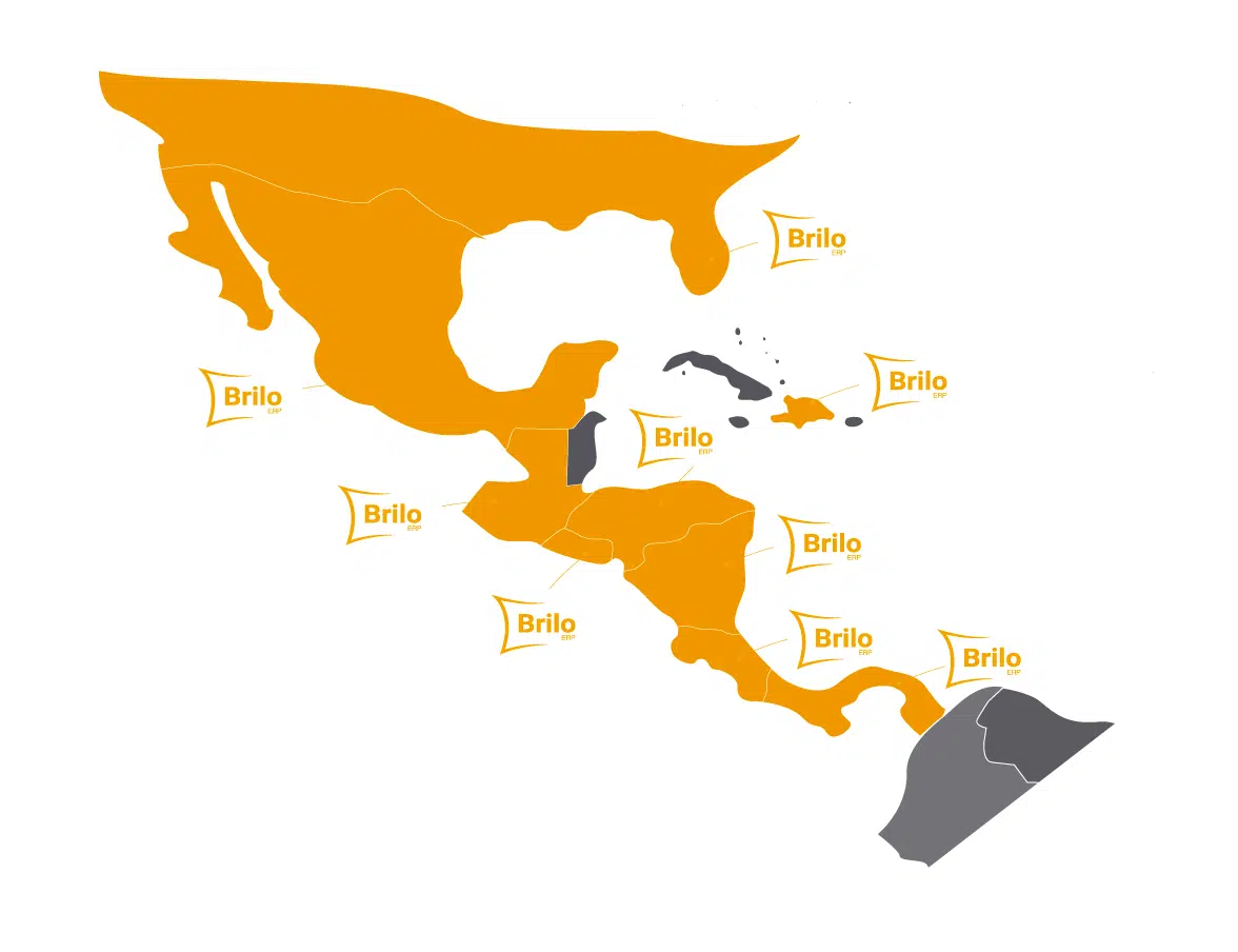 Mapa mostrando la presencia regional de BRILO ERP en Centroamérica